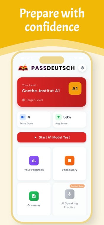 PassDeutsch dashboard showing your target level, tests completed and average score