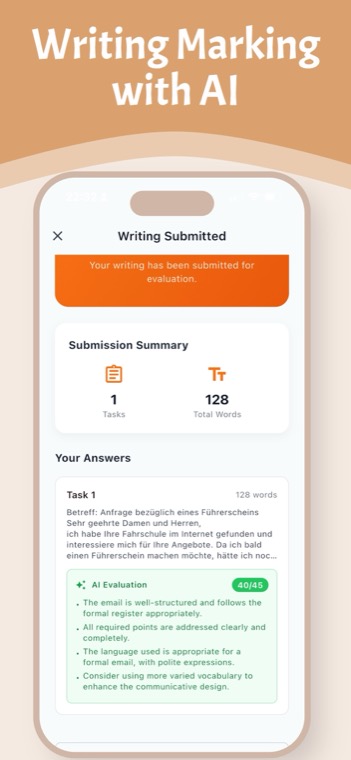 AI evaluation of a German formal email in PassDeutsch, scored 40 out of 45 with feedback points